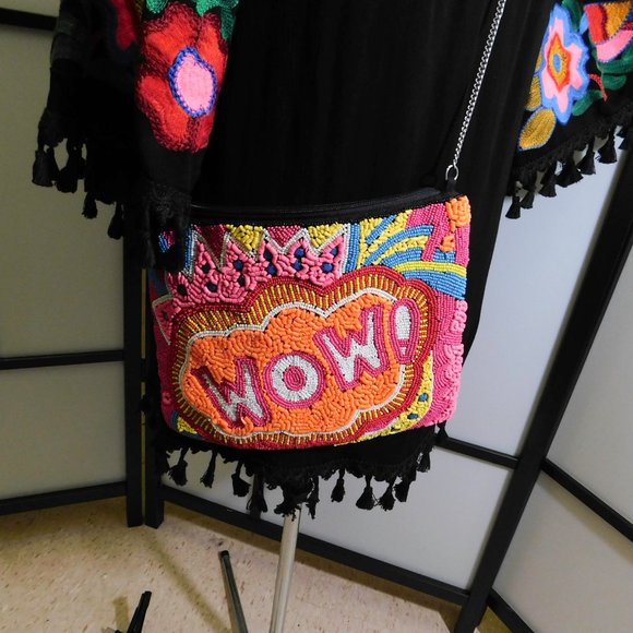 WOW Beaded Cross Body Purse Flat Black - Picture 2 of 6